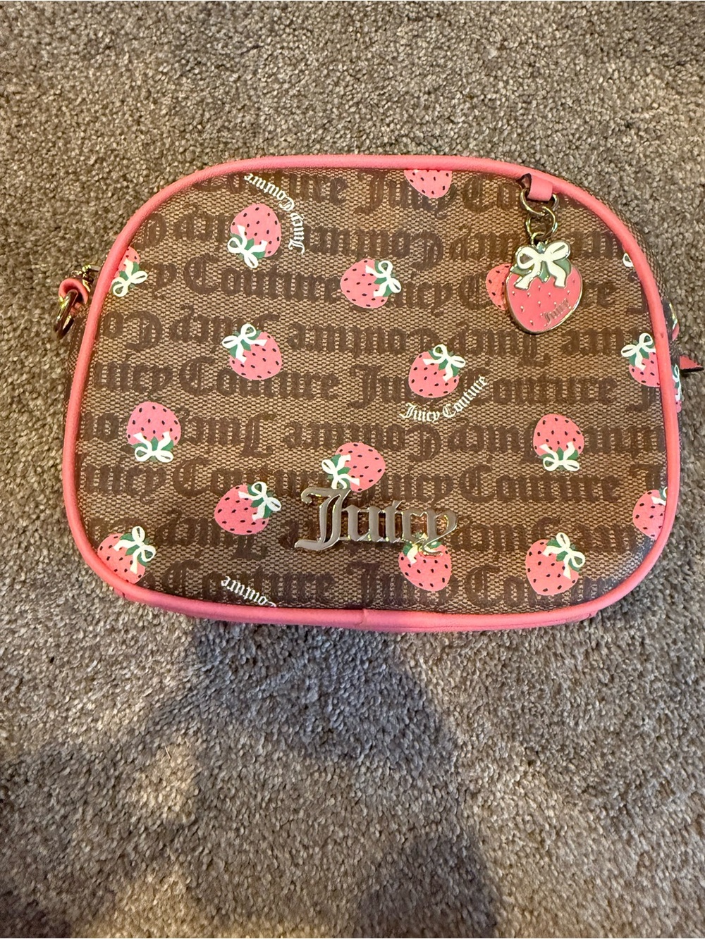 Juicy Couture Brown Monogram Crossbody with Pink Trim